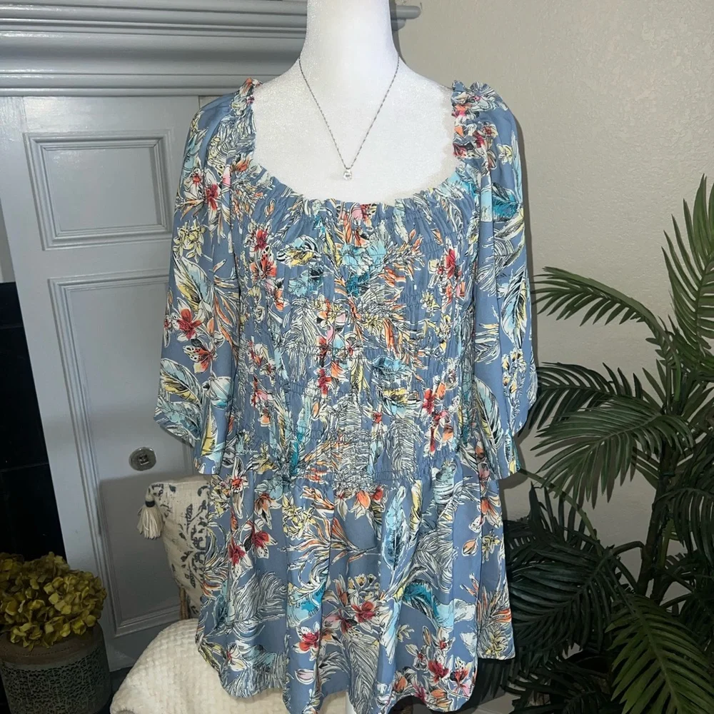 NWT Chenault Blue Ruffled 3/4 Sleeve Blouse - Picture 2 of 9